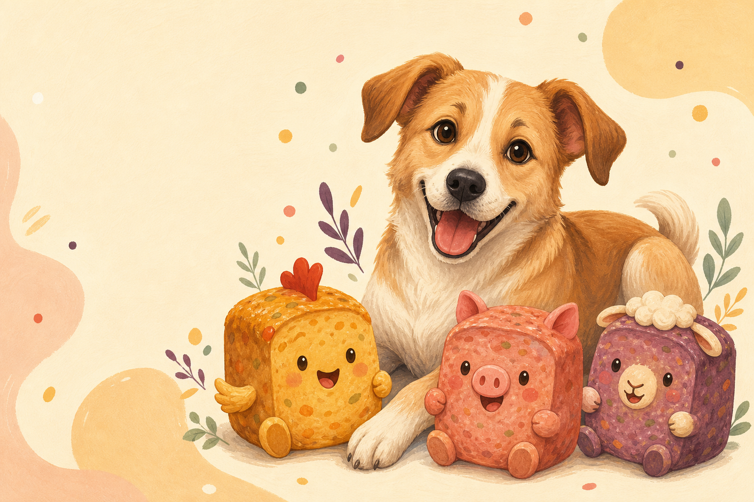 A cheerful shelter dog with cute Chicken, Pork and Lamb meatloaf characters